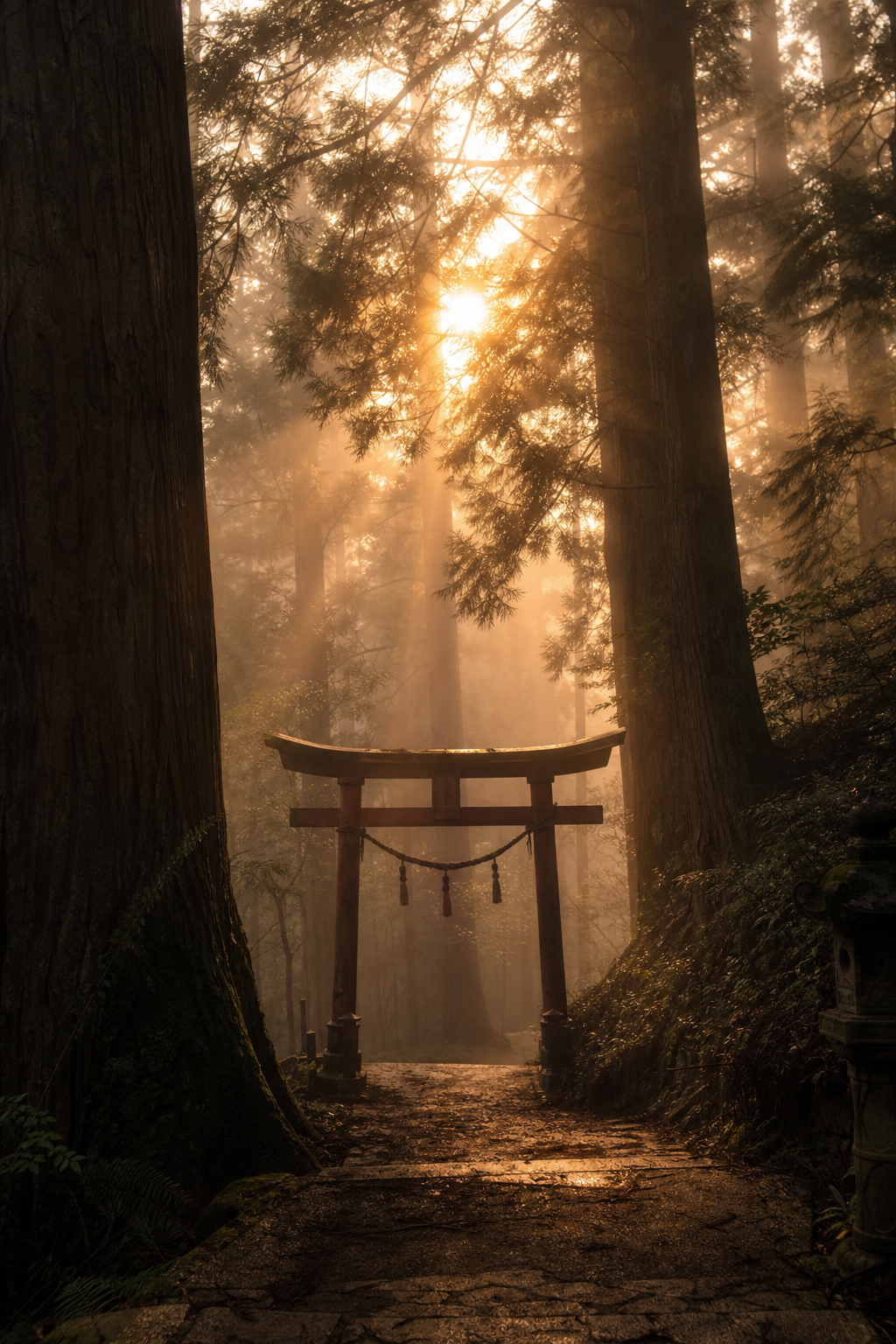 Forest shrine in volumetric fog