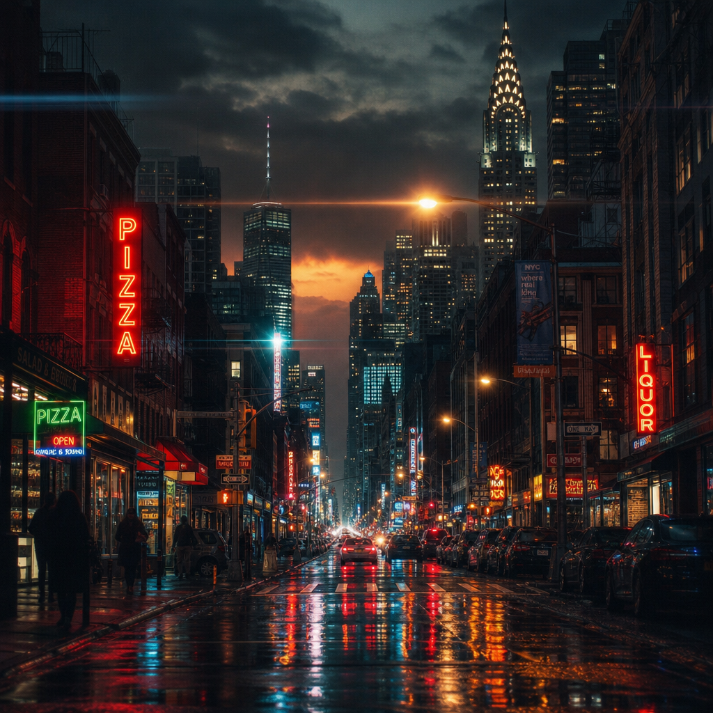 Cinematic neon city at dusk