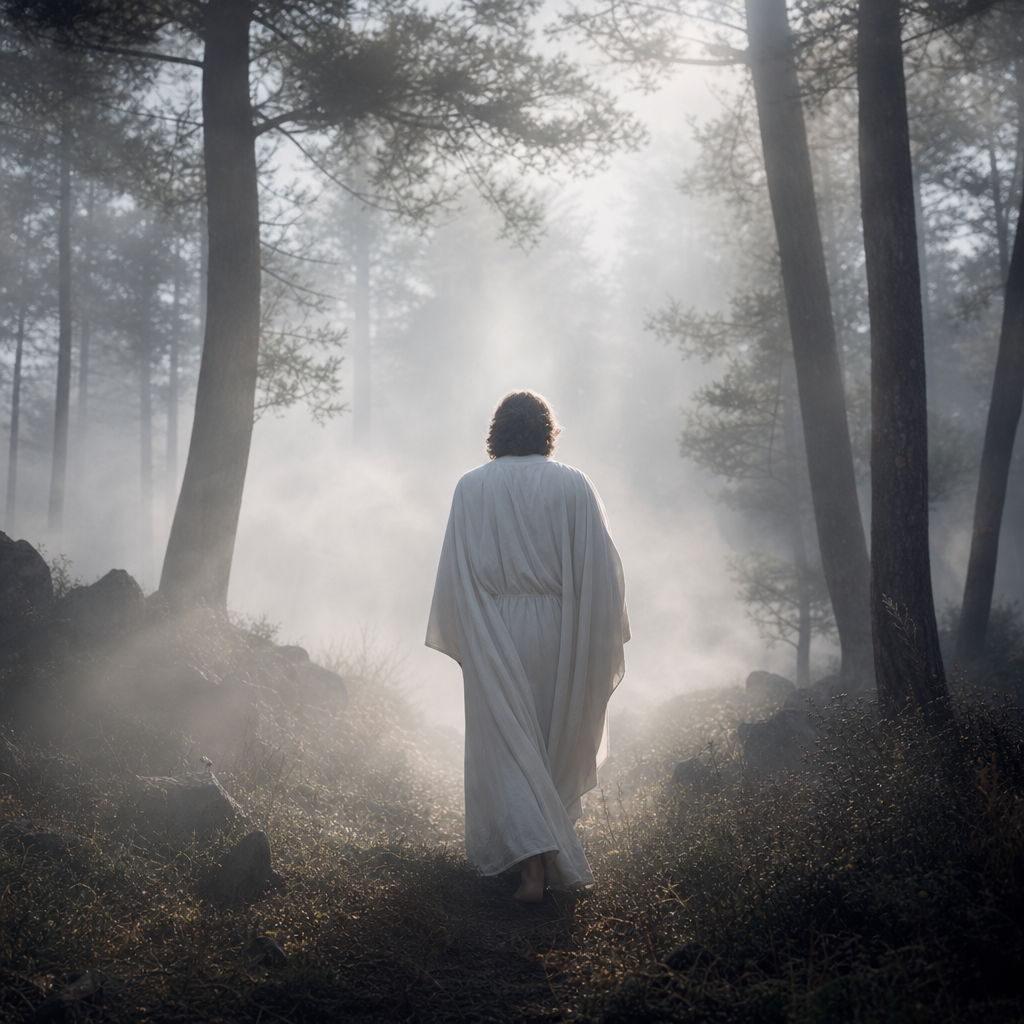 Solitary figure in a misty forest