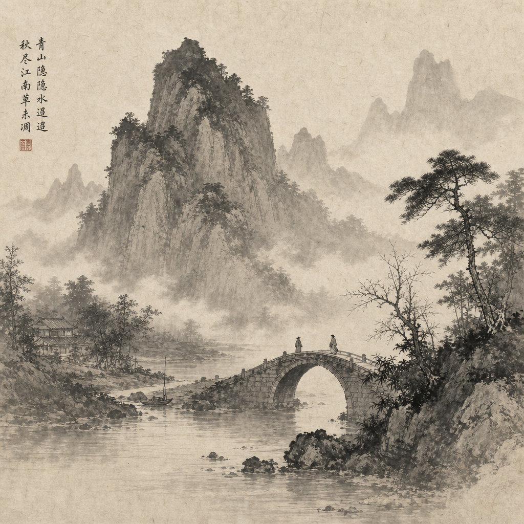 Ink-wash figures on a stone bridge